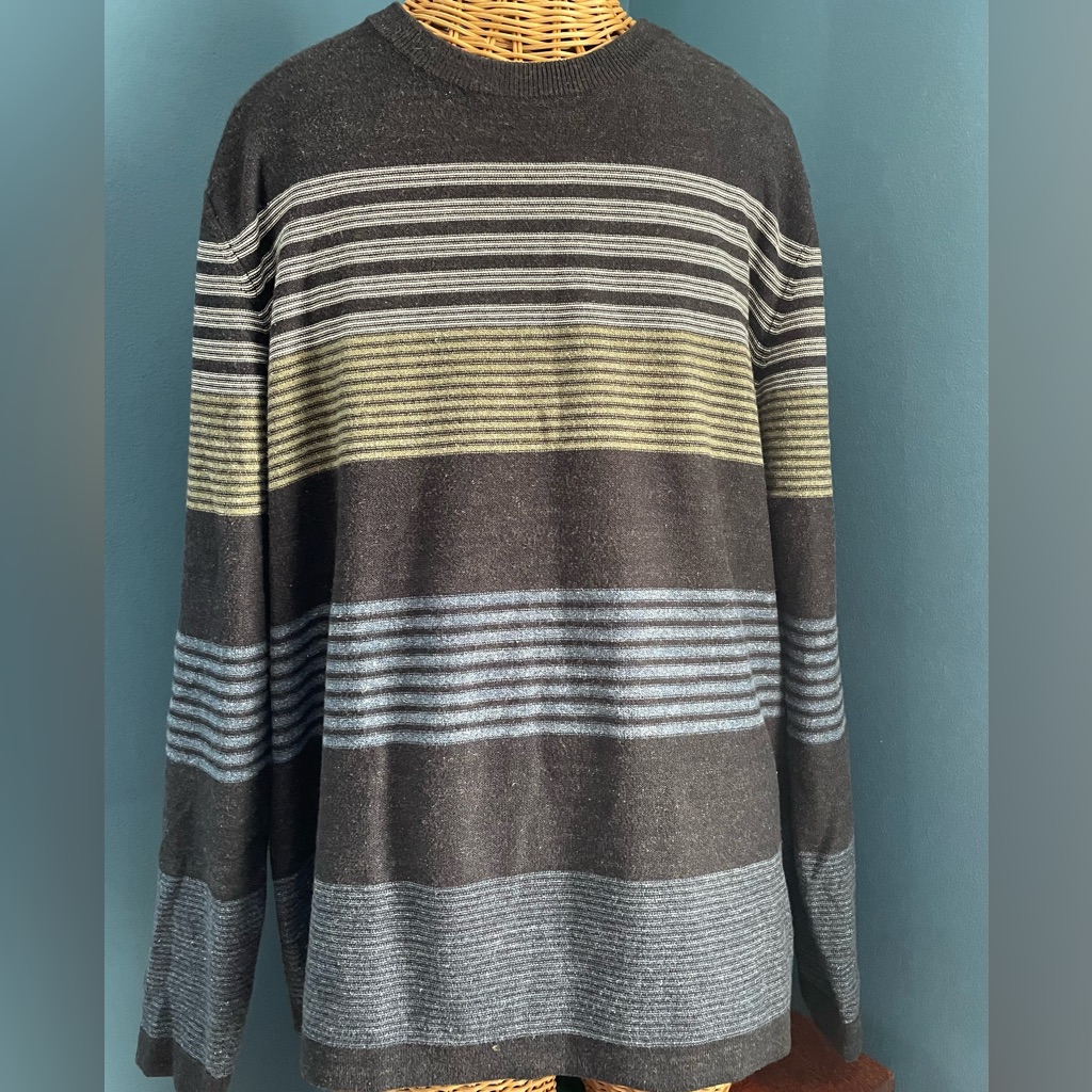 Roots Men’s Striped Cotton Crew Neck Sweater Size Large Grey Blue